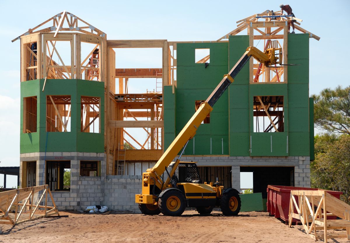 Structural framing with sheathing on a construction project